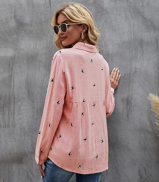 Women's Casual Blouse in Plain Colours and Bird Print
