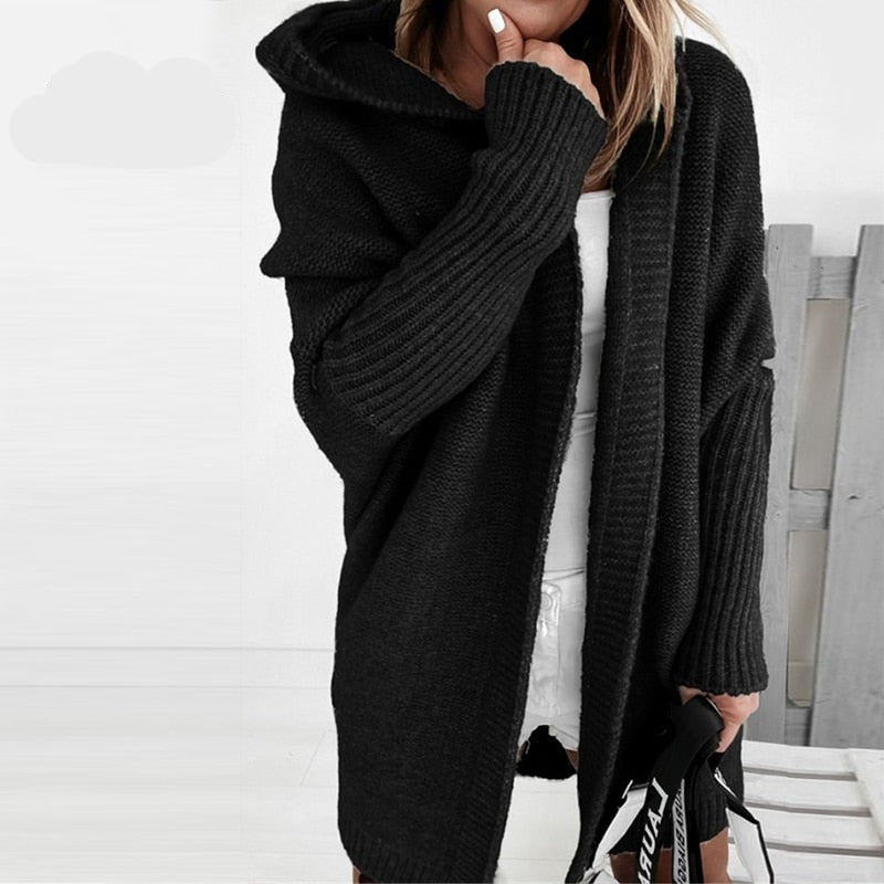 Women's Oversized Hooded Cardigan with Batwing Sleeves