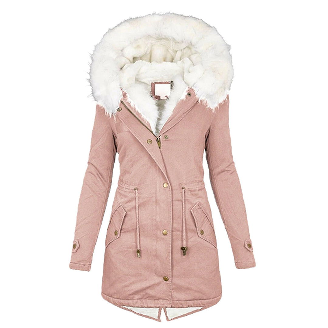 Women's Hooded Winter Jacket with Fleece Lining and Button Detail