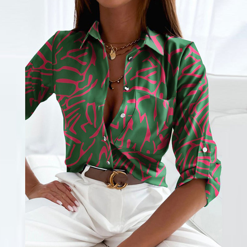 Women's Printed Blouse with Turn-Down Collar and Buttons