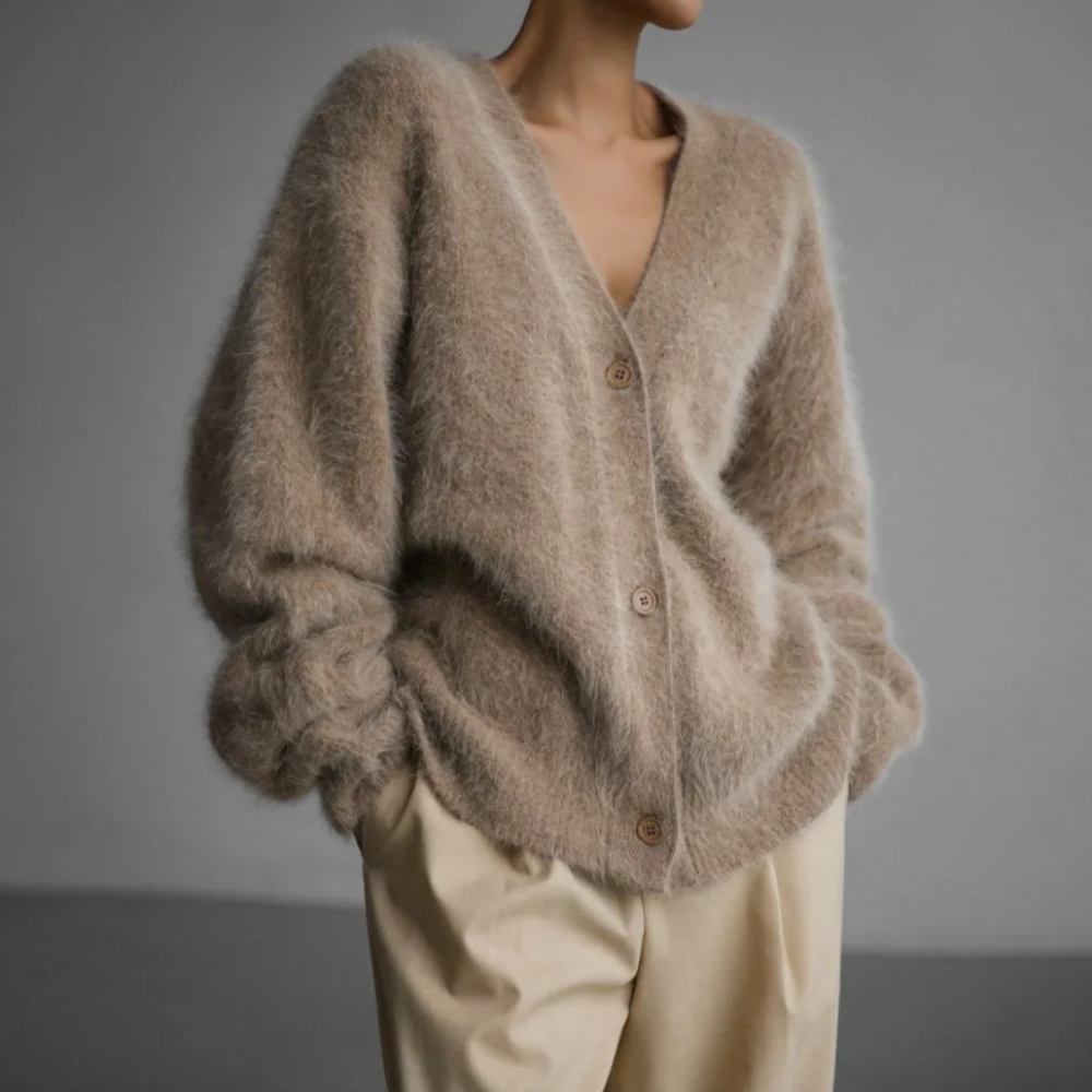 Women's Fluffy V-Neck Cardigan with Button Front and Long Sleeves