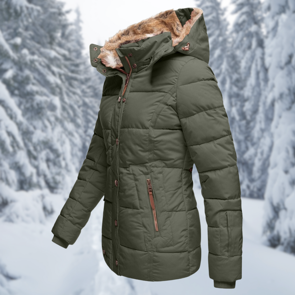 Women's Elegant Winter Jacket with Fluffy Hood and Warm Lining