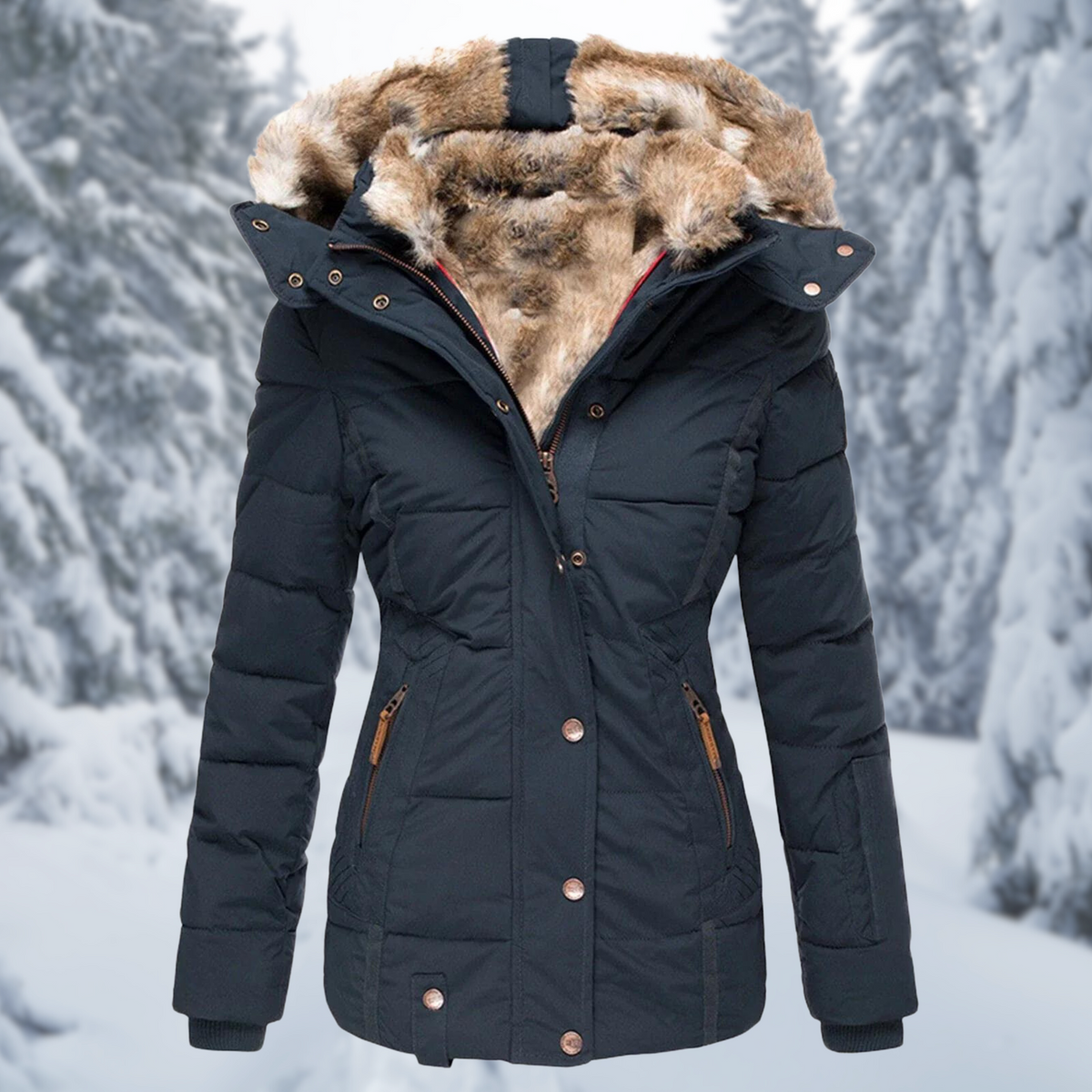 Women's Elegant Winter Jacket with Fluffy Hood and Warm Lining