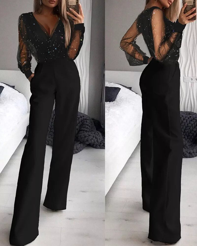 Women's Casual Plain Jumpsuit in Black for Spring and Autumn