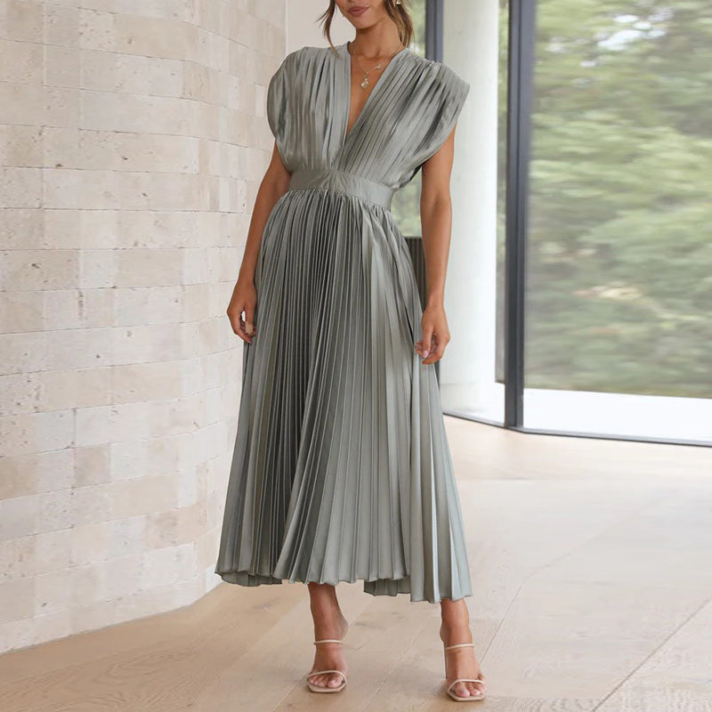 Women's Pleated Midi Dress with V-Neck and Adjustable Back Tie