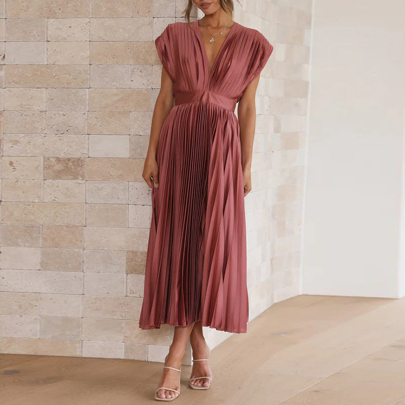 Women's Pleated Midi Dress with V-Neck and Adjustable Back Tie