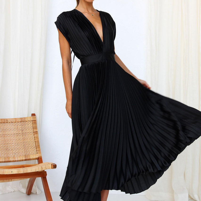 Women's Pleated Midi Dress with V-Neck and Adjustable Back Tie
