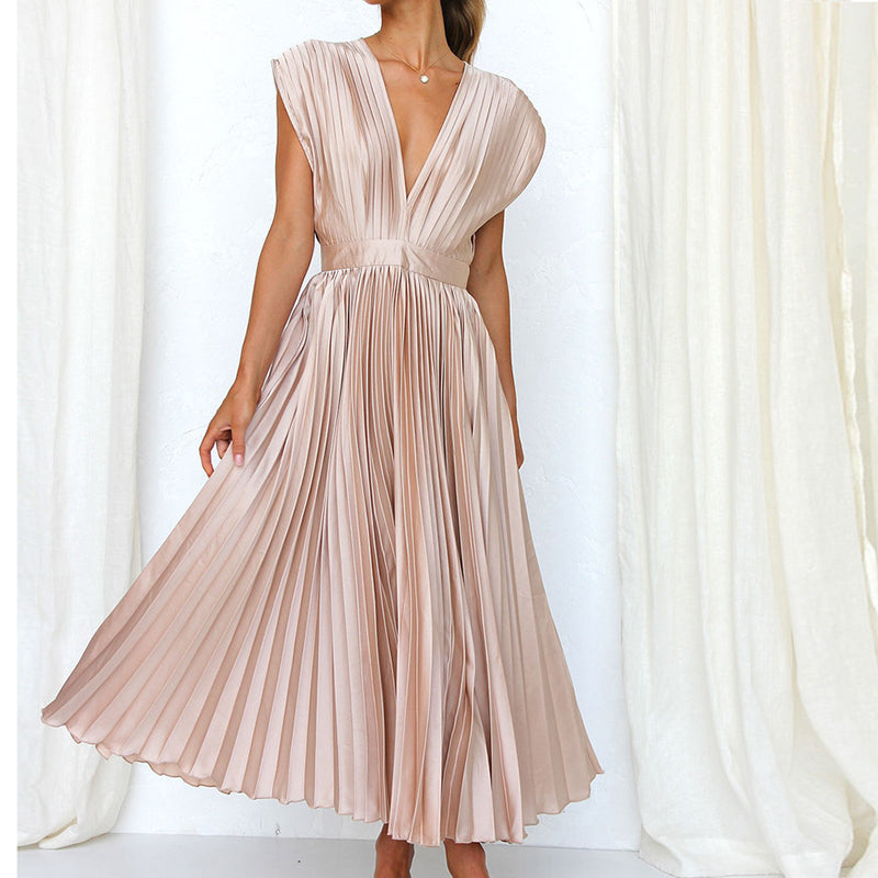 Women's Pleated Midi Dress with V-Neck and Adjustable Back Tie