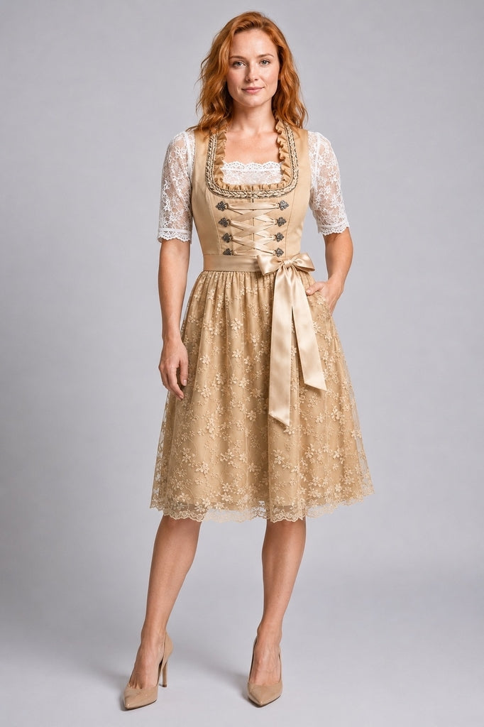 Women's Dirndl Dress with Lace-Up Bodice and Lace Blouse