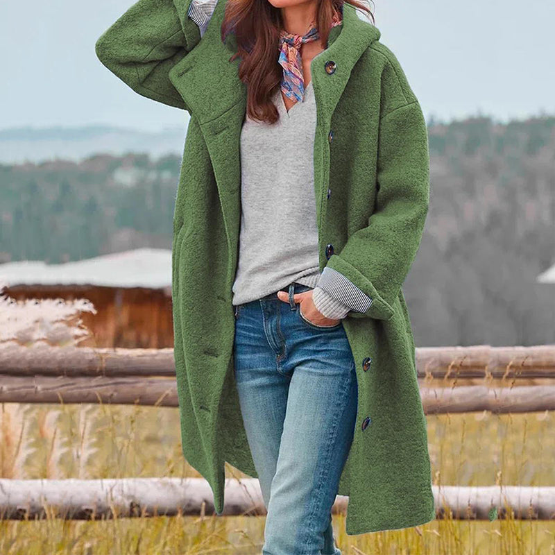 Women's Long Hooded Coat with Button Front for Winter