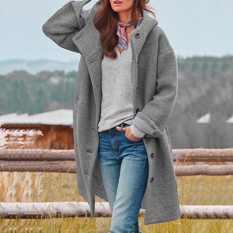 Women's Long Hooded Coat with Button Front for Winter