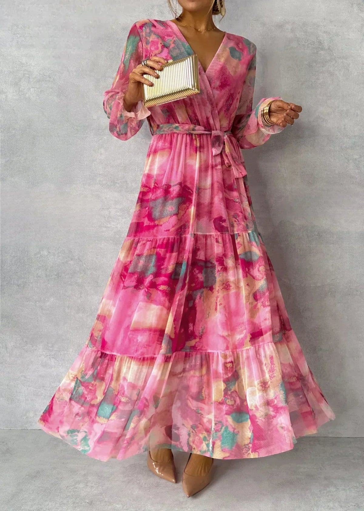 Women's Long Sleeve Maxi Wrap Dress with Tie Waist for Parties