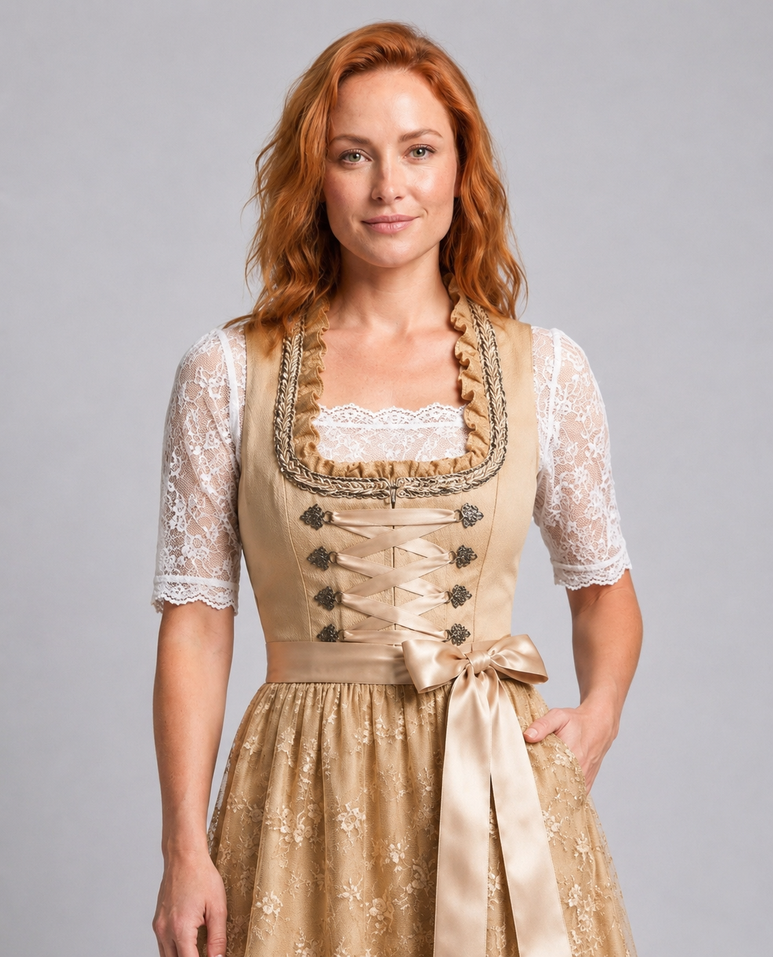 Women's Dirndl Dress with Lace-Up Bodice and Lace Blouse