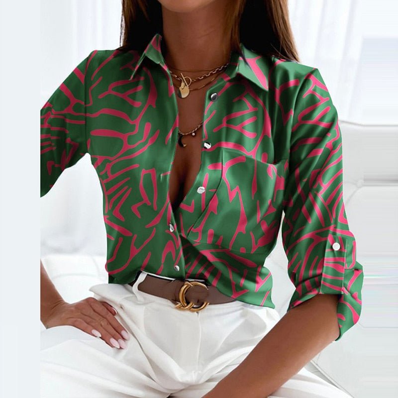 Women's Printed Blouse with Turn-Down Collar and Buttons