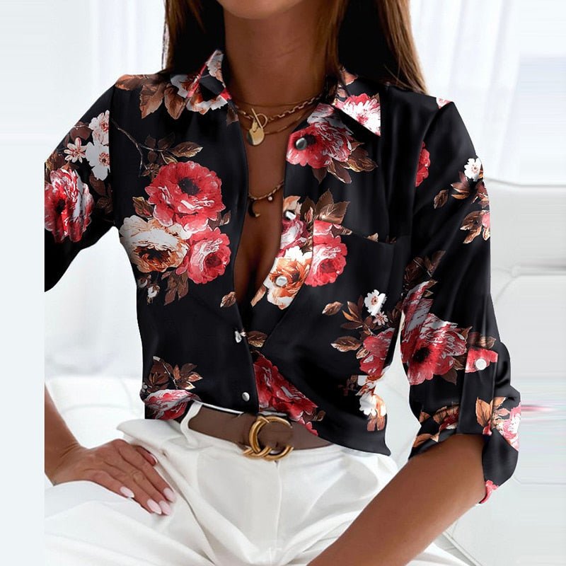 Women's Printed Blouse with Turn-Down Collar and Buttons