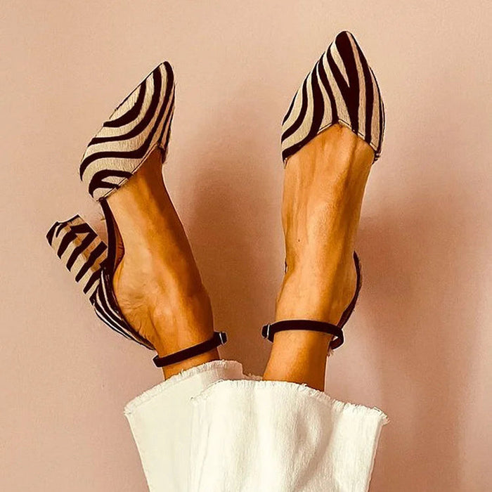 Women's Zebra Print Pointed Heels with Ankle Strap