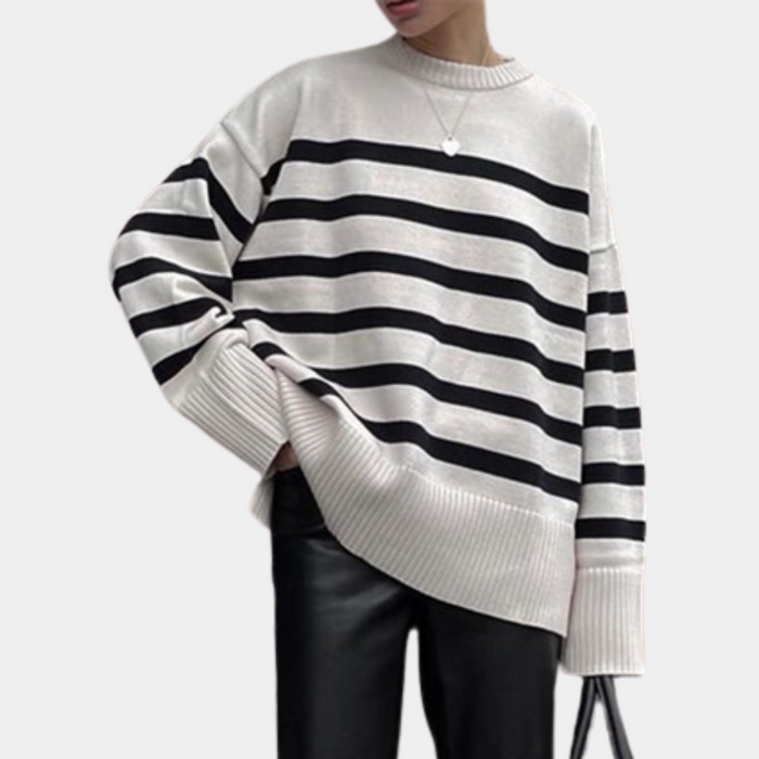 Women's Striped Crew Neck Jumper with Ribbed Trims