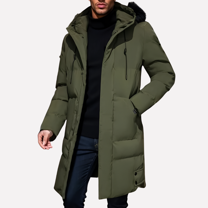 Lange gesteppte Herren-Parka mit Kapuze und Reißverschluss vorn