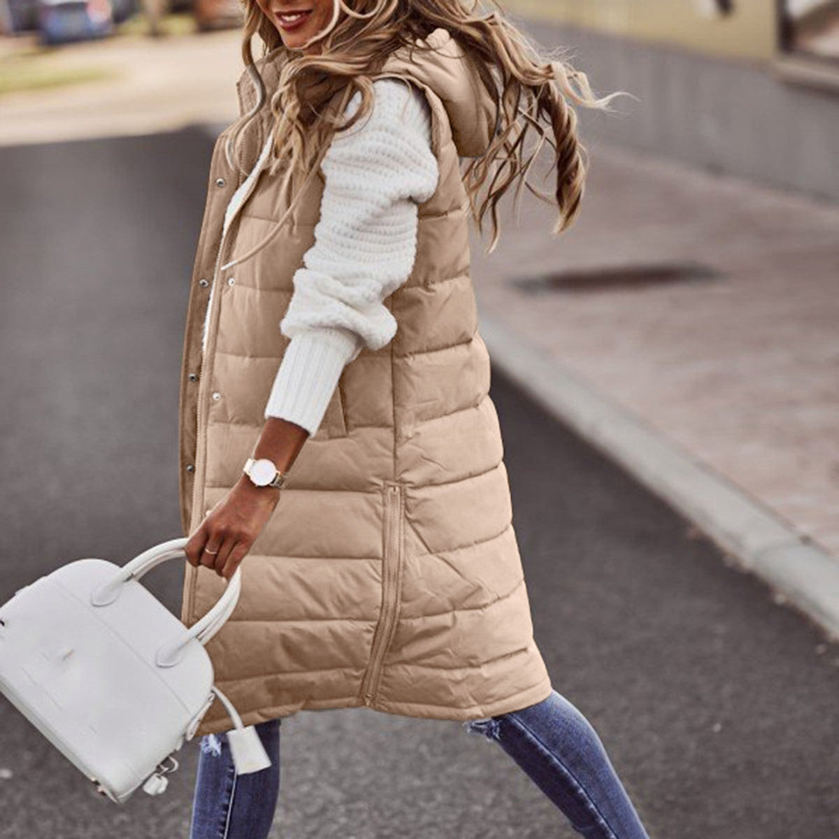 Women's Long Quilted Gilet with Hood and Pockets