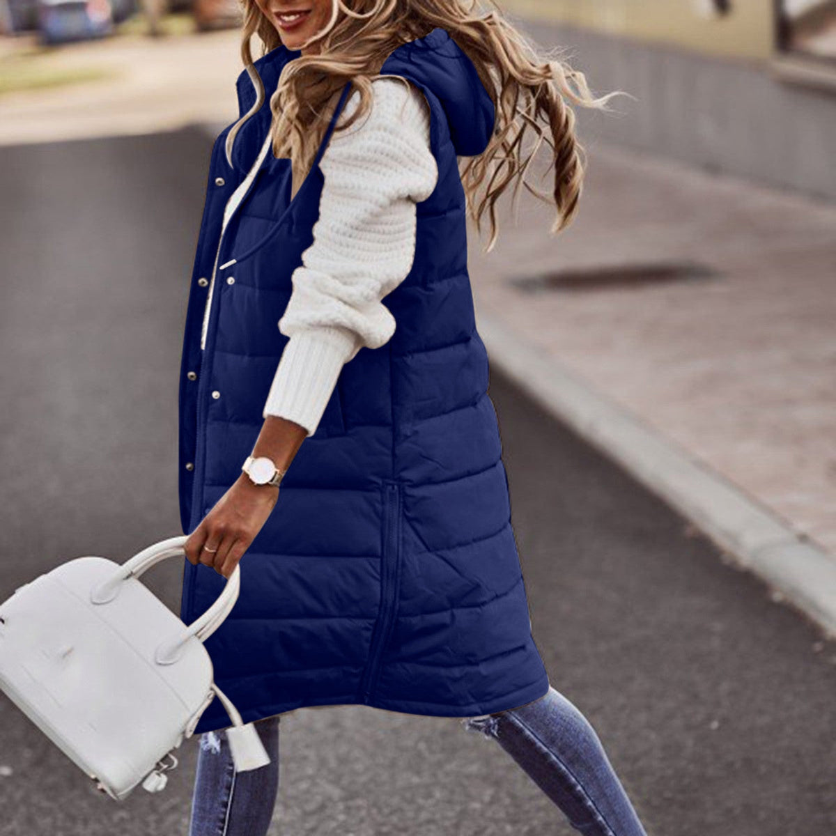 Women's Long Quilted Gilet with Hood and Pockets