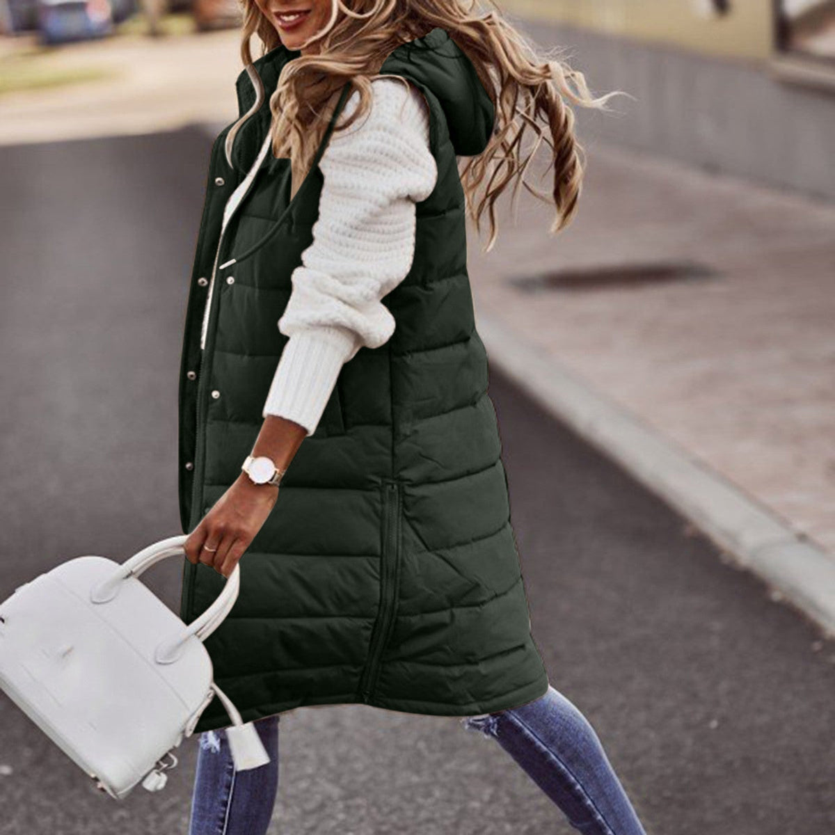 Women's Long Quilted Gilet with Hood and Pockets