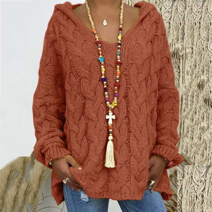 Camisola feminina com capuz em malha entrançada, corte oversized e decote em V