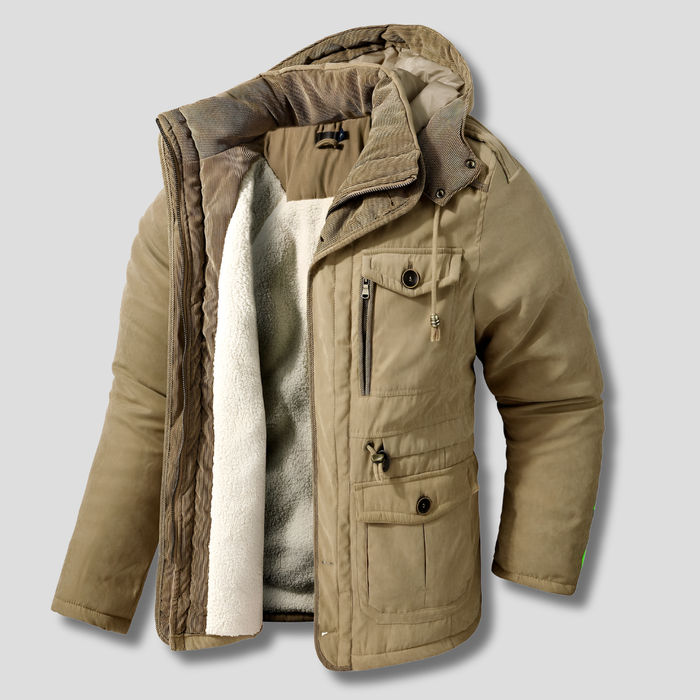 Men's Hooded Parka with Multi-Pockets and Zip Front
