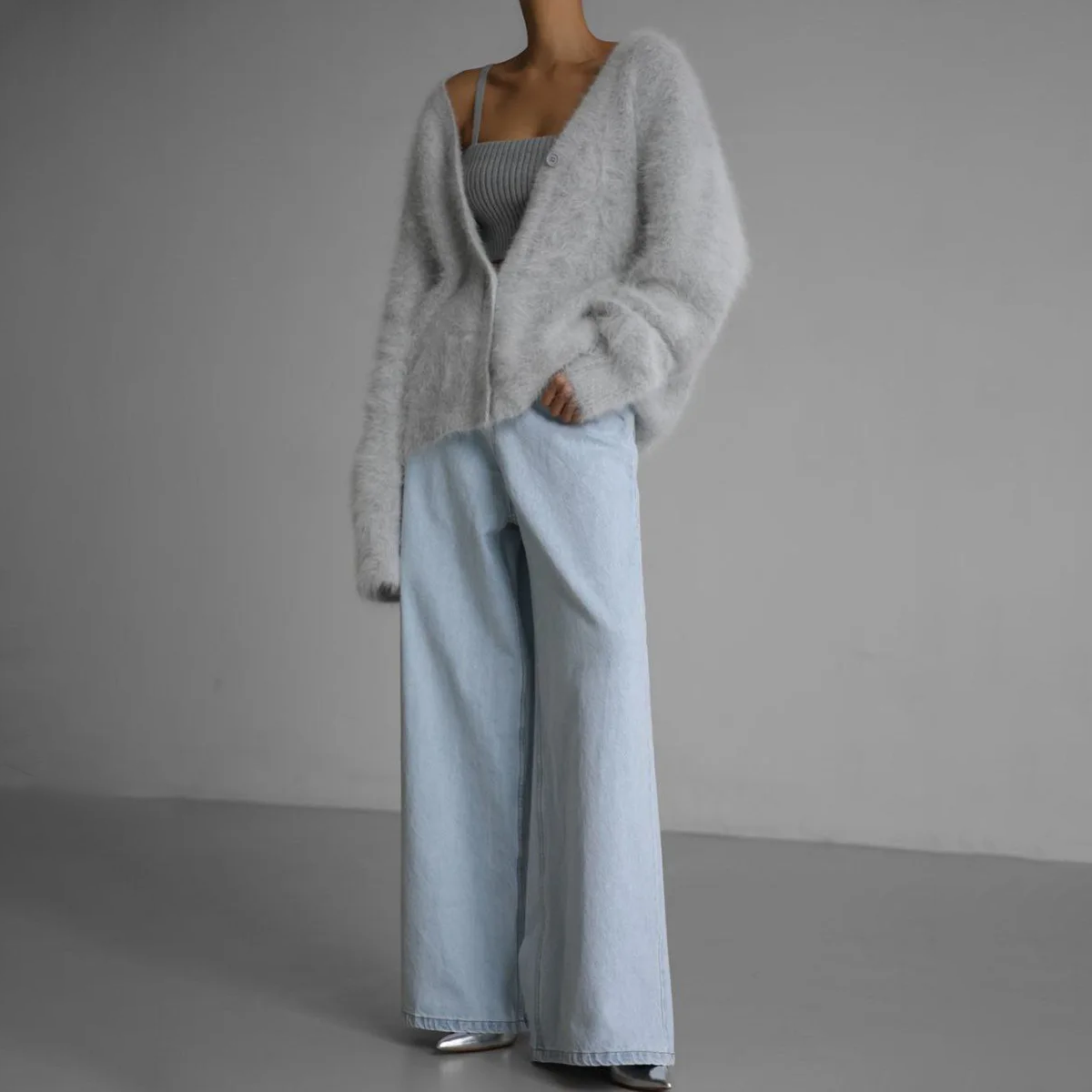 Women's Fluffy V-Neck Cardigan with Button Front and Long Sleeves
