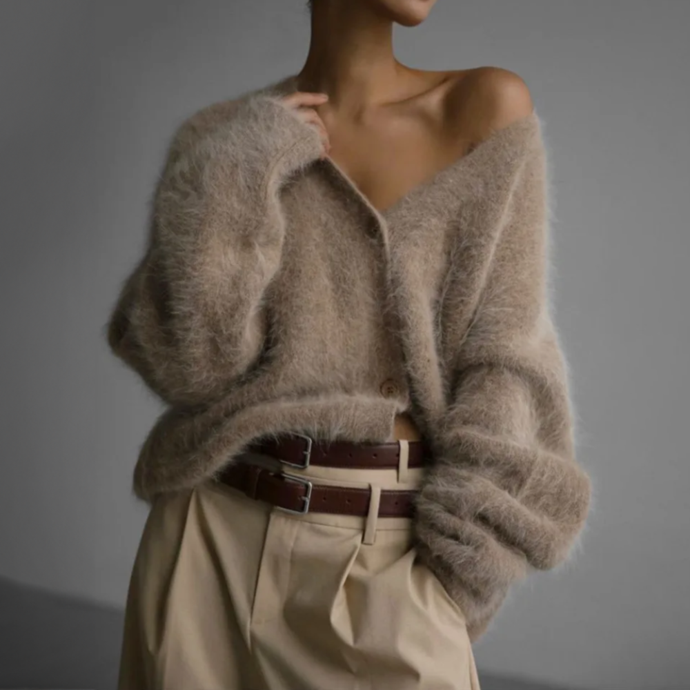 Women's Fluffy V-Neck Cardigan with Button Front and Long Sleeves
