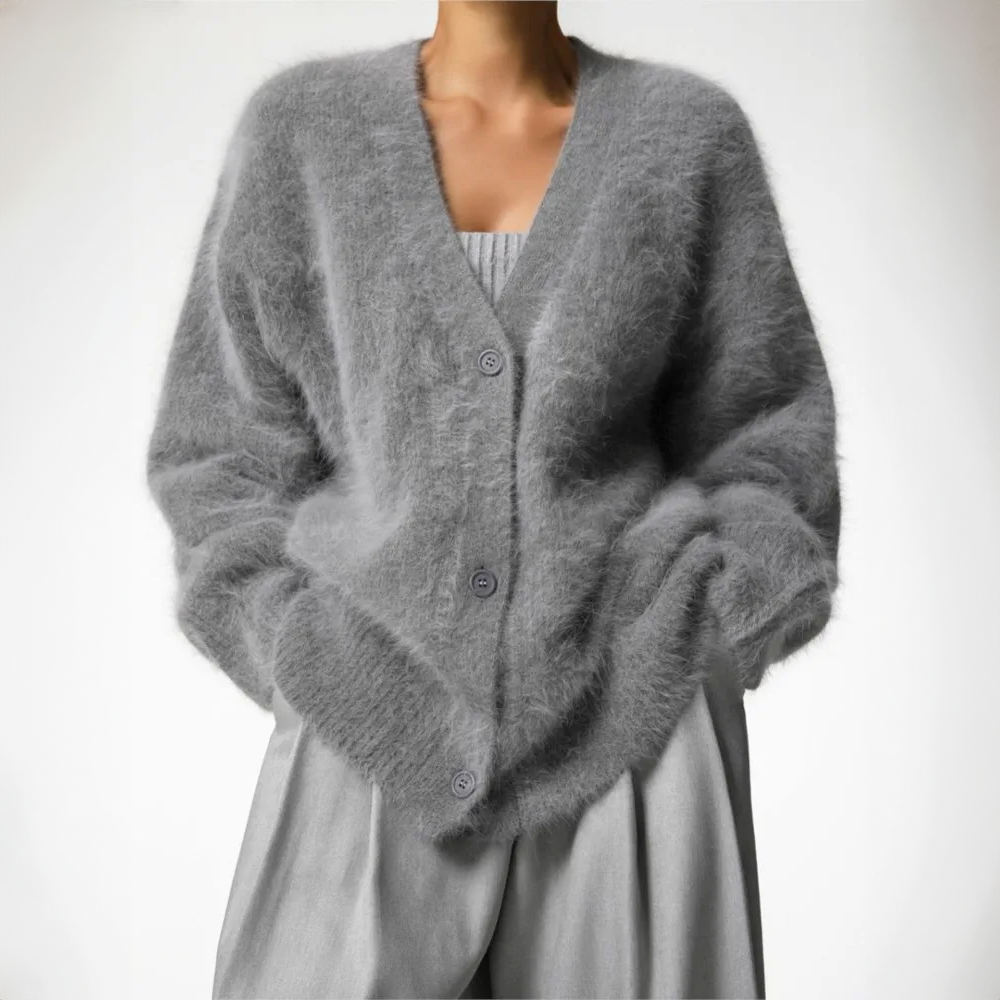 Women's Fluffy V-Neck Cardigan with Button Front and Long Sleeves