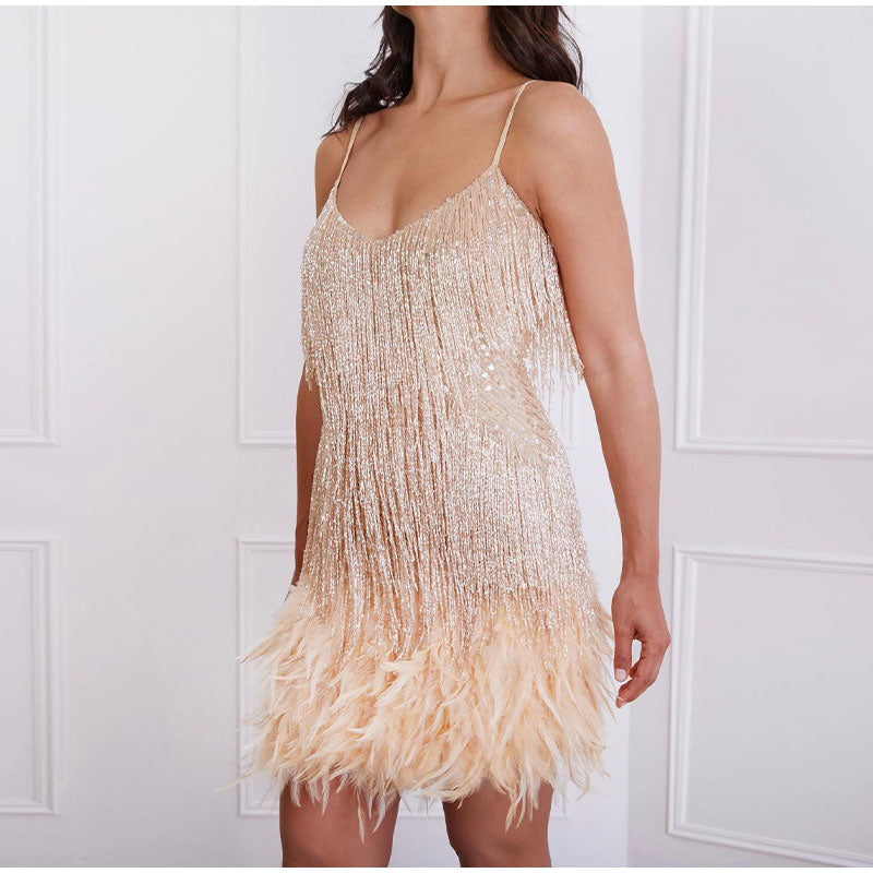 Women's Sequin Cocktail Dress with Feather Hem and Spaghetti Straps