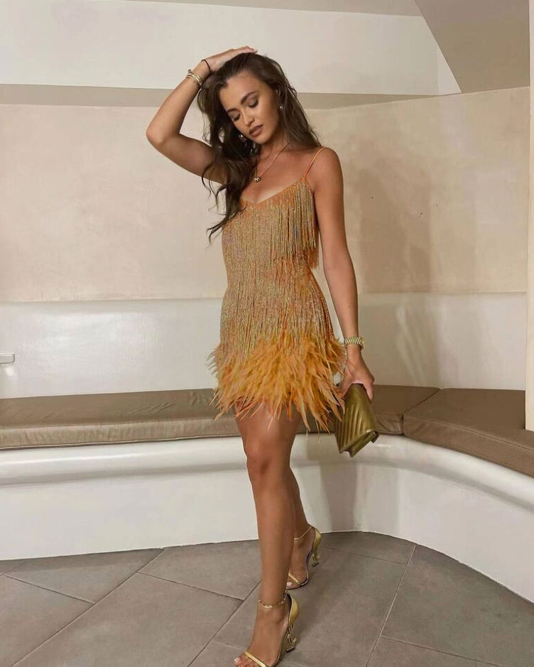 Women's Sequin Cocktail Dress with Feather Hem and Spaghetti Straps