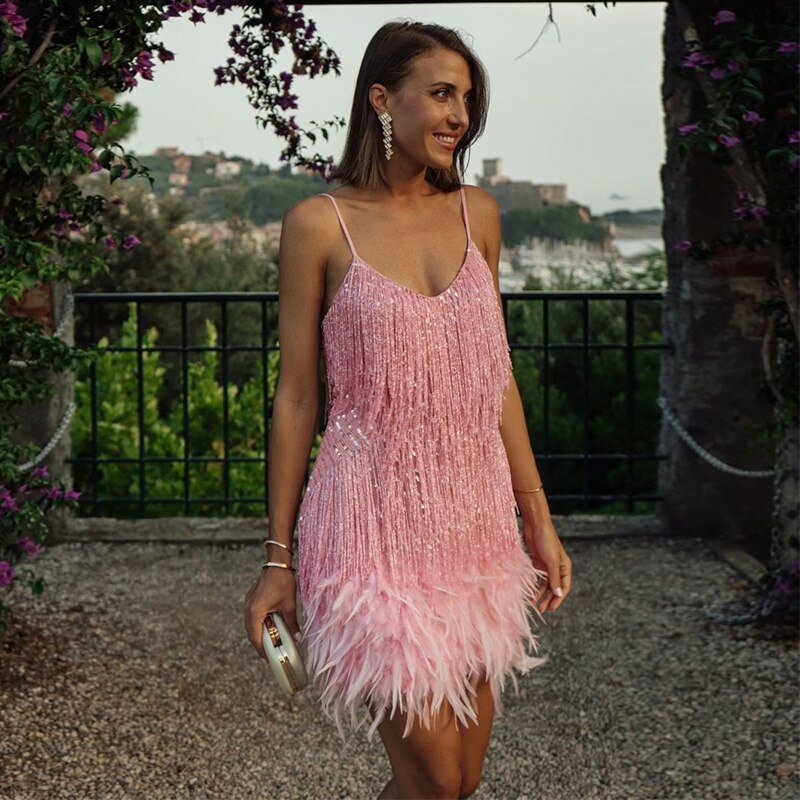 Women's Sequin Cocktail Dress with Feather Hem and Spaghetti Straps