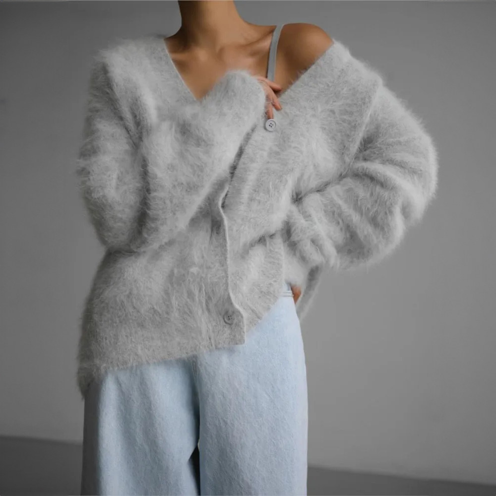 Women's Fluffy V-Neck Cardigan with Button Front and Long Sleeves