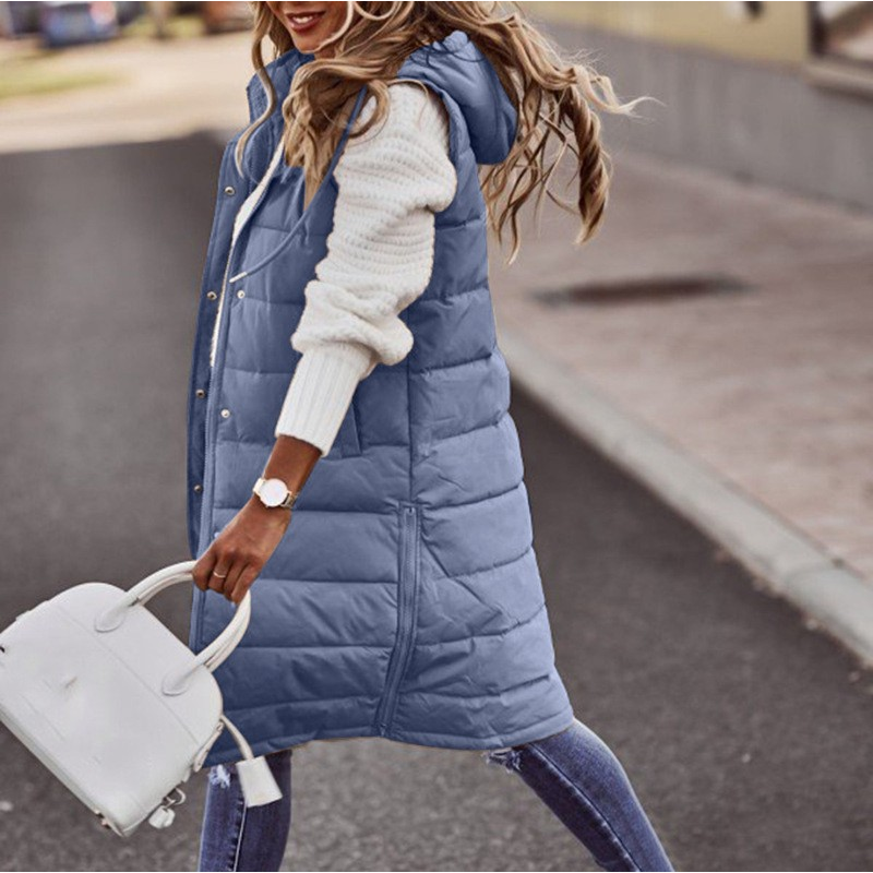 Women's Long Quilted Gilet with Hood and Pockets