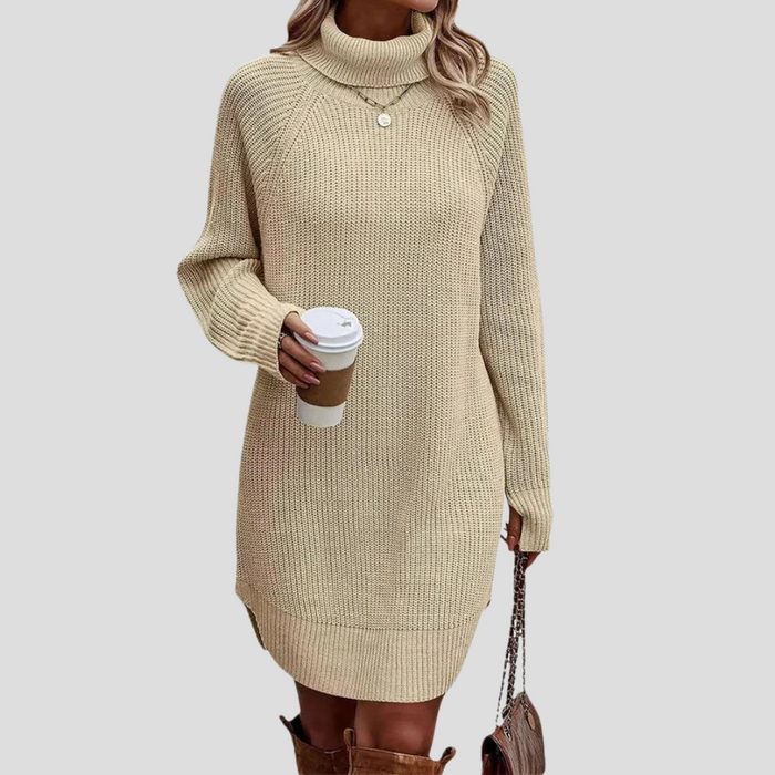 Damen-Strickkleid mit Rollkragen, langen Ärmeln und Rippstruktur