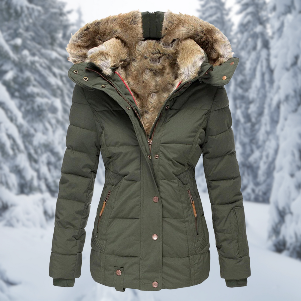 Women's Elegant Winter Jacket with Fluffy Hood and Warm Lining