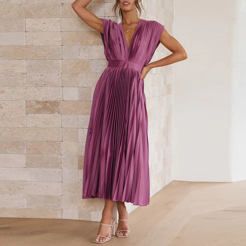 Women's Pleated Midi Dress with V-Neck and Adjustable Back Tie