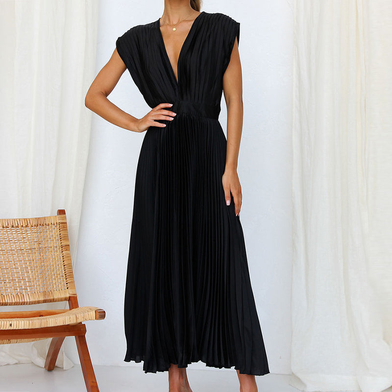 Women's Pleated Midi Dress with V-Neck and Adjustable Back Tie