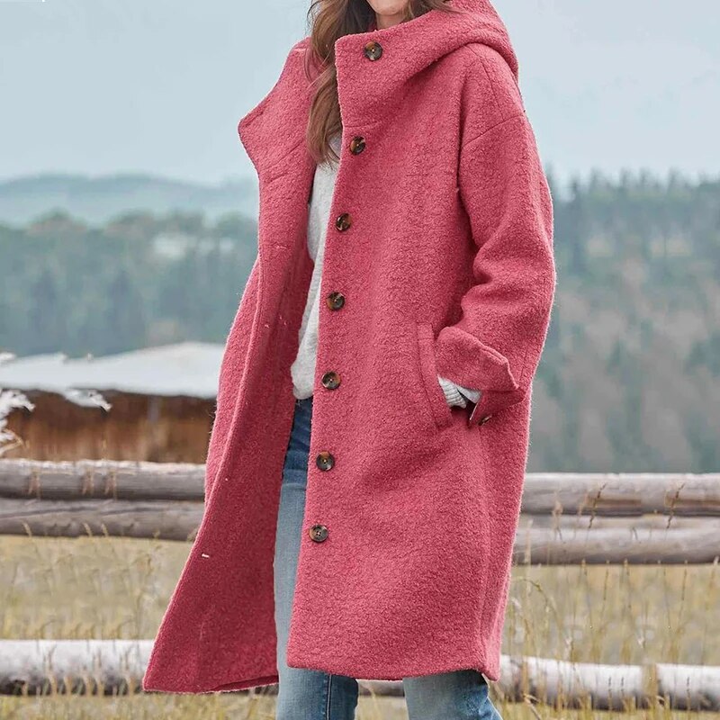 Women's Long Hooded Coat with Button Front for Winter