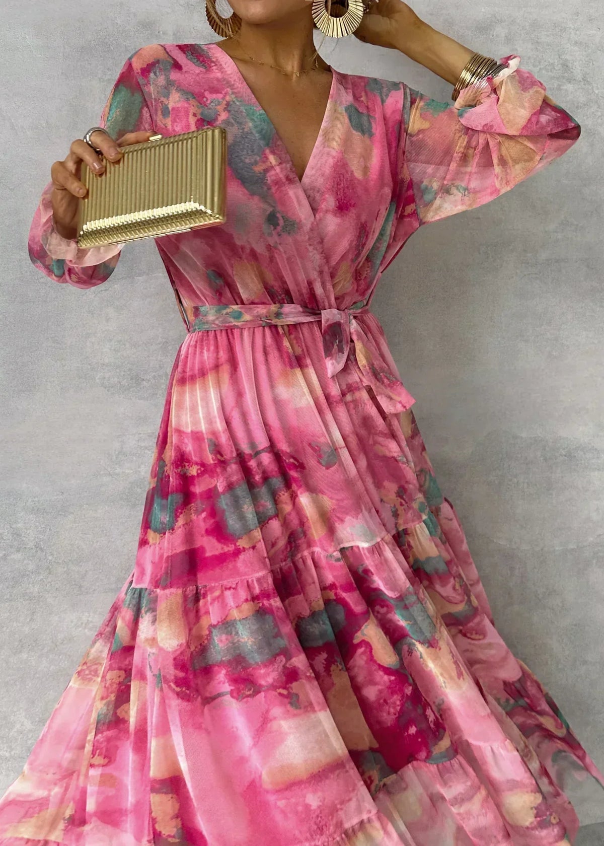 Women's Long Sleeve Maxi Wrap Dress with Tie Waist for Parties