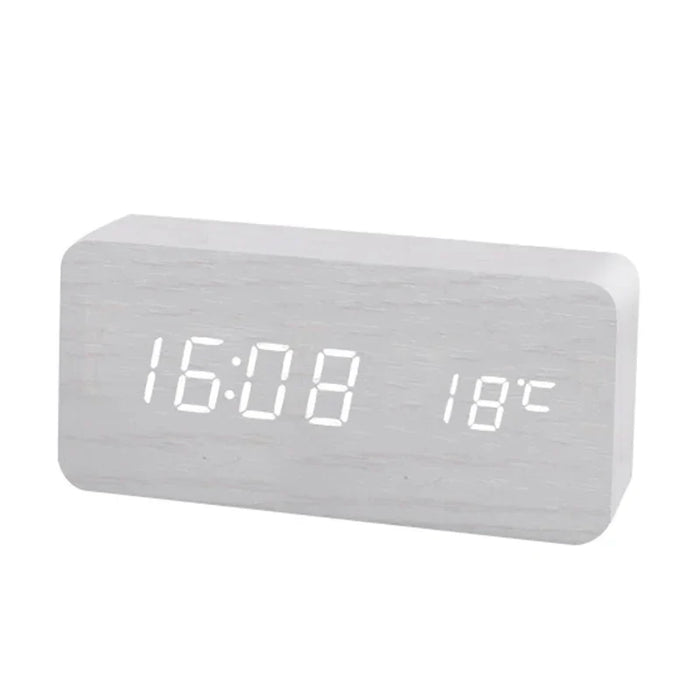 Despertador digital com aspeto de madeira, LED e visor de temperatura