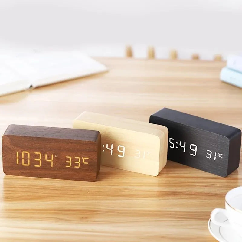 Wood-Look Digital LED Alarm Clock with Temperature Display