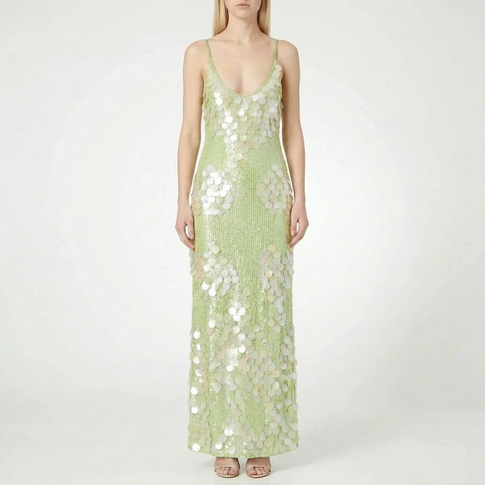Abito lungo da donna con paillettes, schiena scoperta e spalline